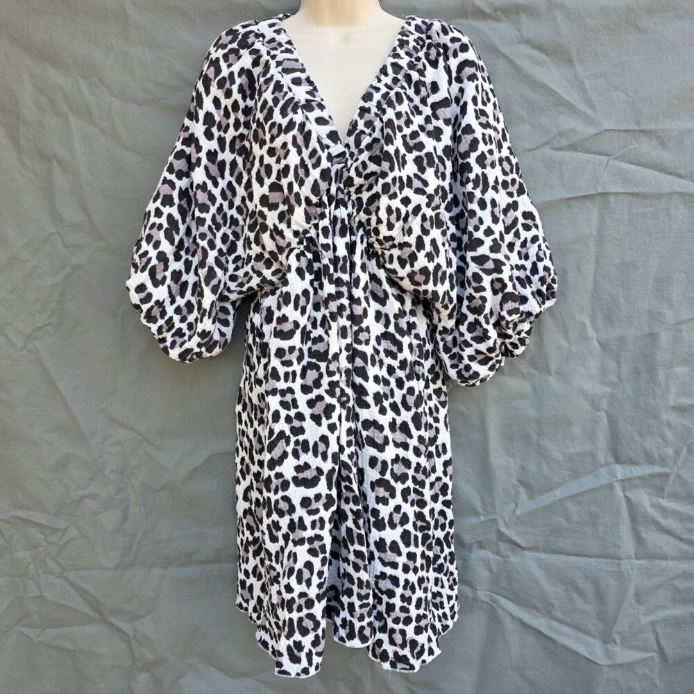 Gray Leopard Print Elasticated V Neck 3/4 Puff Sleeve Mini Dress Size L Trendy
